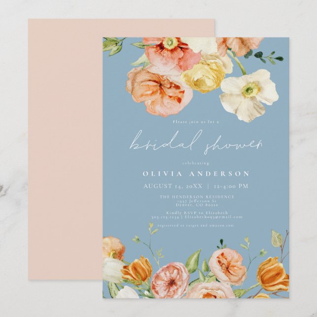 Möhippa för Blommigten Vår med  och blå Elegant Inbjudningar (Fram/baksida)
