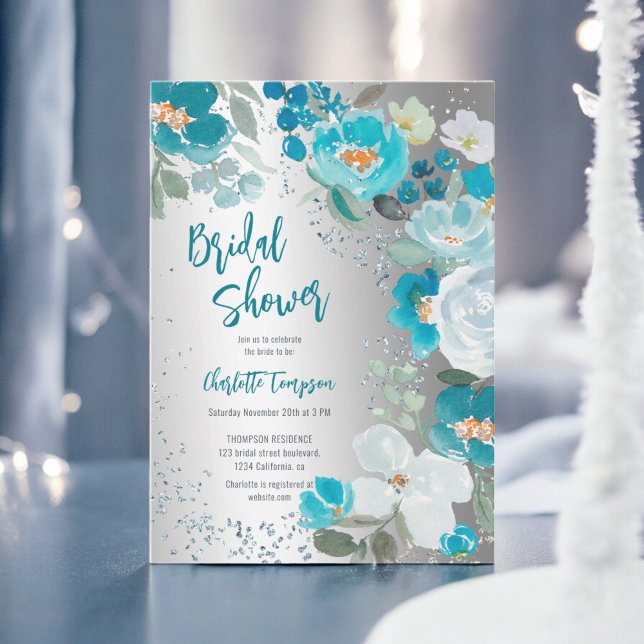 Möhippa för Blommigten Vinter i Silver, färgat Inbjudningar (Painted Blue Silver Floral Winter bridal shower Invitation)