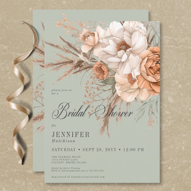 Möhippa för Boho Peach & Cream Blommigt Grönt Inbjudningar (Boho Peach & Cream Floral Green Bridal Shower Invitation)