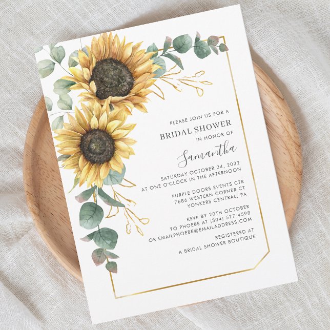 Möhippa för botaniska blommor inbjudningar (Floral Sunflower Eucalyptus Script First Name Bridal Shower Invitation)