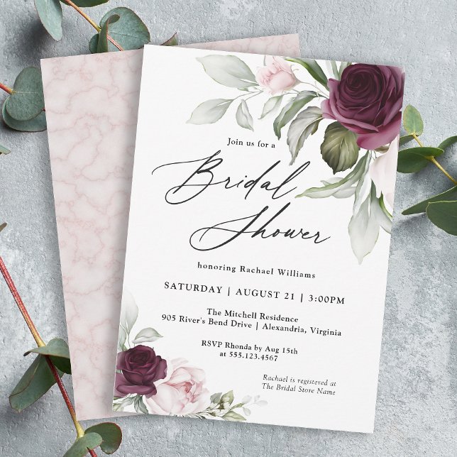 Möhippa för botaniska charmer för rosa och plommon inbjudningar (A feminine elegant botanical bridal shower invitation to personalize for your shower.)