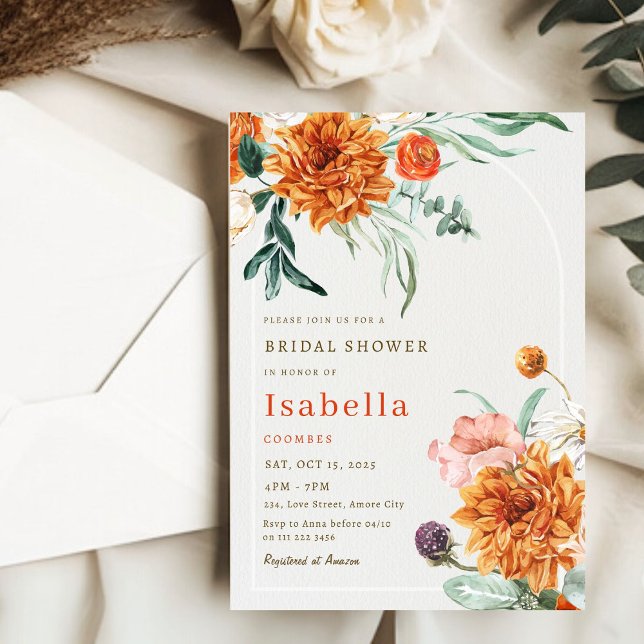Möhippa för bränd Orange, Blommigt, elegant Inbjudningar (Elegant Burnt Orange Fall Floral Bridal Shower Invitation)