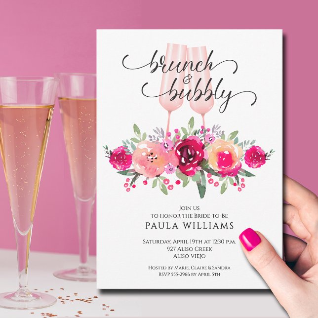 Möhippa för Brunch och Bubly Blommigt Inbjudningar (Brunch and Bubbly champagne flutes and floral bridal shower invitations,  INSTANT DOWNLOAD / PRINTED)