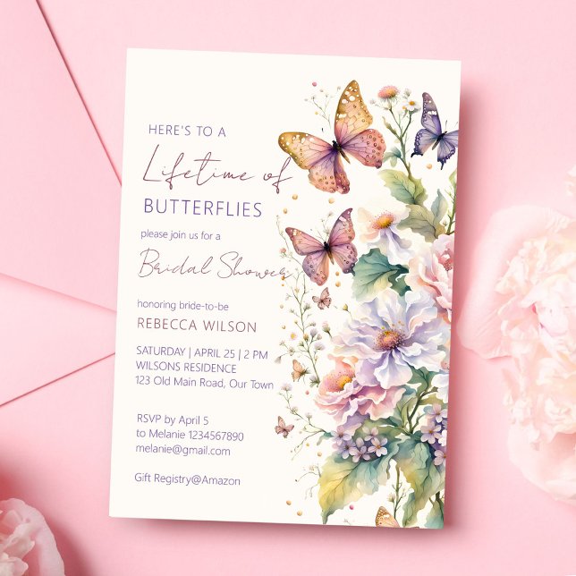 Möhippa för Butterflies blommigt Inbjudningar (Lifetime of Butterflies floral garden bridal shower Invitation template spring summer wild flowers)