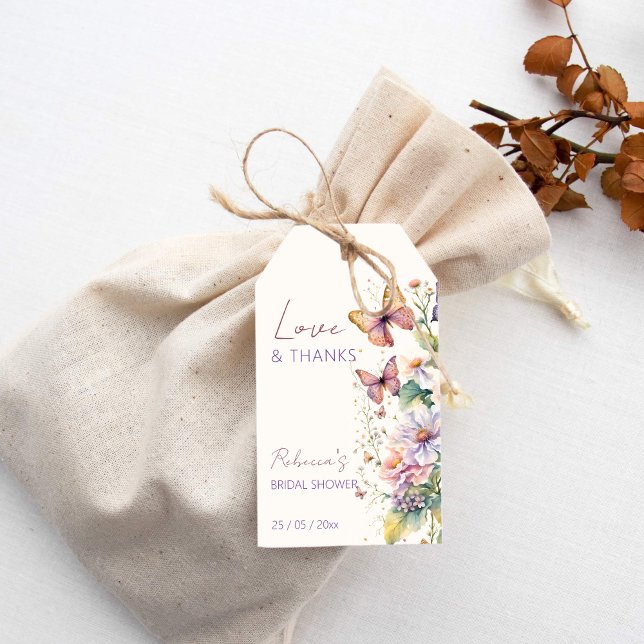 Möhippa för Butterflies-blommigt under hela livsti Presentetikett (Lifetime of Butterflies floral bridal shower thank you favor Gift Tags pastel spring summer )