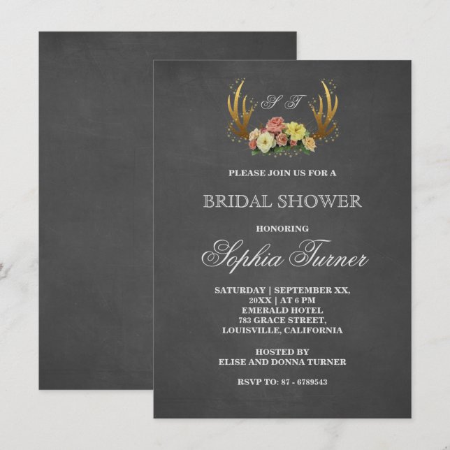 Möhippa för Chalkboard-Blommigten Unik Antlers Inbjudningar (Fram/baksida)
