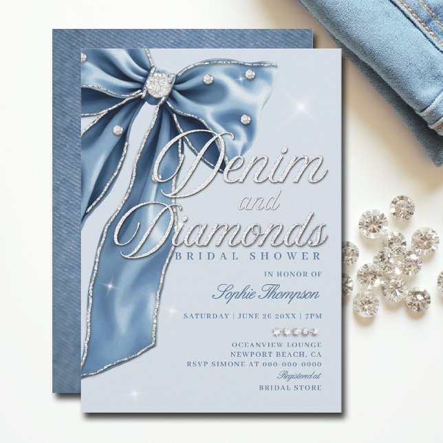 Möhippa för Chic av blå streckfärg för denim Diamo Inbjudningar (denim and diamonds bridal shower ideas elegant bow classy bling script blue white template)