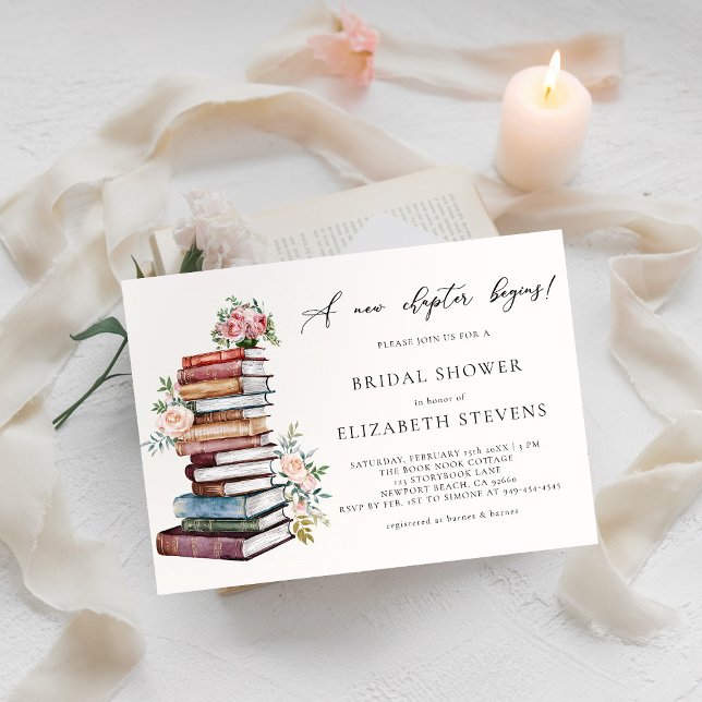 Möhippa för Chic av bokmasken i det nya kapitlet B Inbjudningar (a new chapter bridal shower invitation book lover bookworm library literary floral roses watercolor)