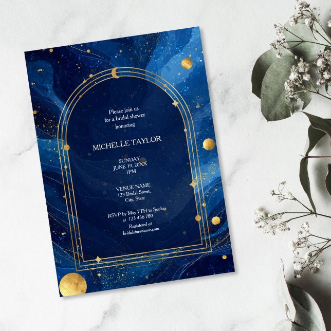 Möhippa för Chic av Elegant i mystisk storleksändr Inbjudningar (blue sky with golden moon and stars, arched golden frame bridal shower invitation)