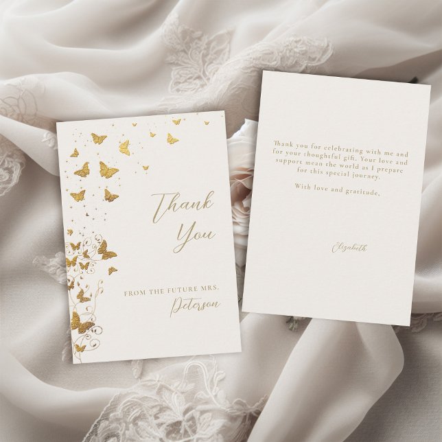 Möhippa för Chicen om livstid för fjärilar i Elfen Tack Kort (butterflies bridal shower thank you card garden vines sprinkle lifetime romantic gold ivory elegant )