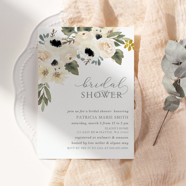 Möhippa för den moderna Eleganten Sage Ivory Blomm Inbjudningar (Modern Elegant Sage Ivory Floral Bridal Shower Invitation)