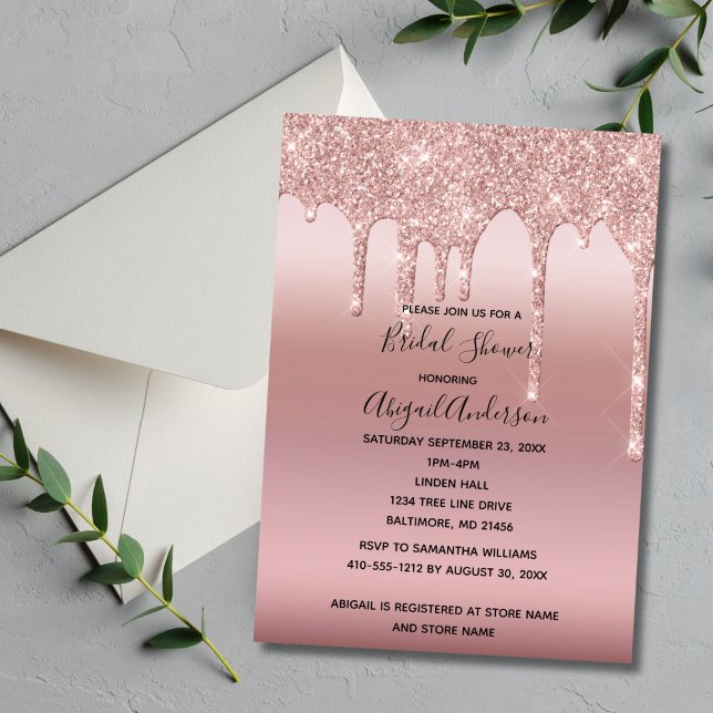 Möhippa för drivning av  Rosa ros Guld Inbjudningar (Blush Pink Rose Gold Dripping Glitter Bridal Shower invitation. )