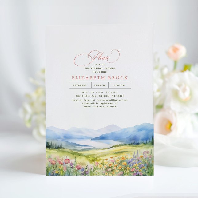 Möhippa för Elegant av berg och Wildblommor Inbjudningar (Wildflowers and Mountains Horizons Bridal Shower Invitations)
