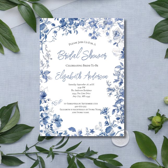Möhippa för Elegant av blått Blommigt vattenfärg Inbjudningar (Blue Floral Watercolor Border Bridal Shower Invitation. Printed or Instant Digital Download)
