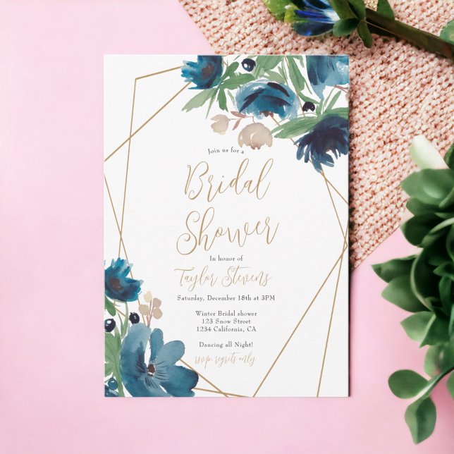 Möhippa för elegant av dammig blå guld Blommigt Inbjudningar (Elegant dusty blue gold Floral Bridal Shower Invitation)