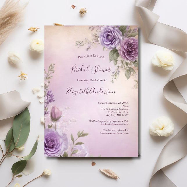 Möhippa för Elegant av Lavender Rosa Lila  Blommig Inbjudningar (Lavender Pink Purple Floral Watercolor Bridal Shower invitation)