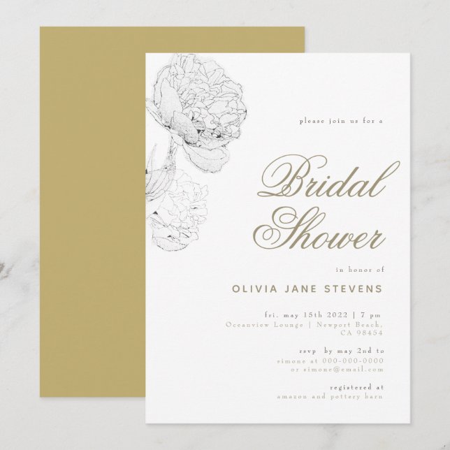 Möhippa för Elegant av Peony BW Guld Blommigt   Inbjudningar (Fram/baksida)