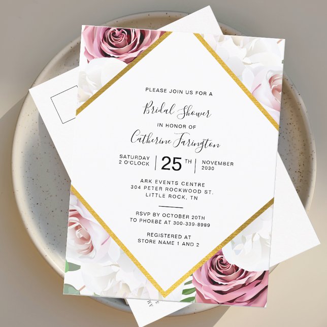 Möhippa för Elegant av rosa Blommigt Inbjudan Vykort (Watercolor Floral Tan Script Bridal Shower Invitation Postcard)