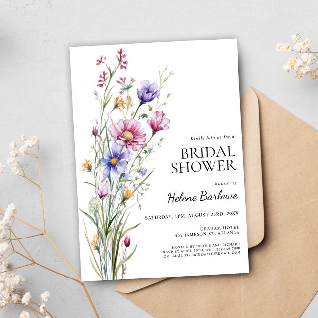 Möhippa för Elegant av Wildblomma Modern Blommigt Inbjudningar (Wildflower Elegant Modern Floral Bridal Shower Invitation)