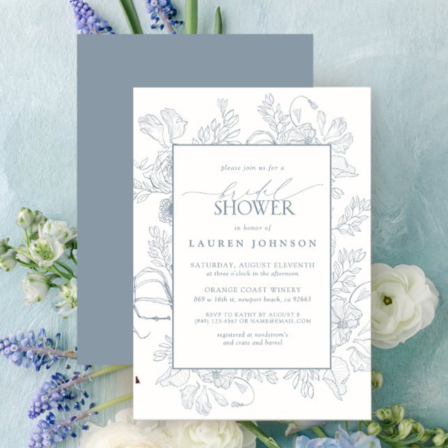 Möhippa för elegant Dusty Blue Blommigt Line Art Inbjudningar (Bridal Shower Invitation)