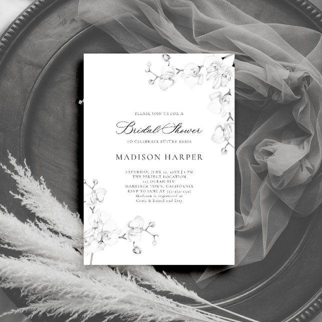 Möhippa för enkel Orchids Black White-Elegant Inbjudningar (orchids bridal shower invitation black white art floral sketch modern classic formal elegant romance)