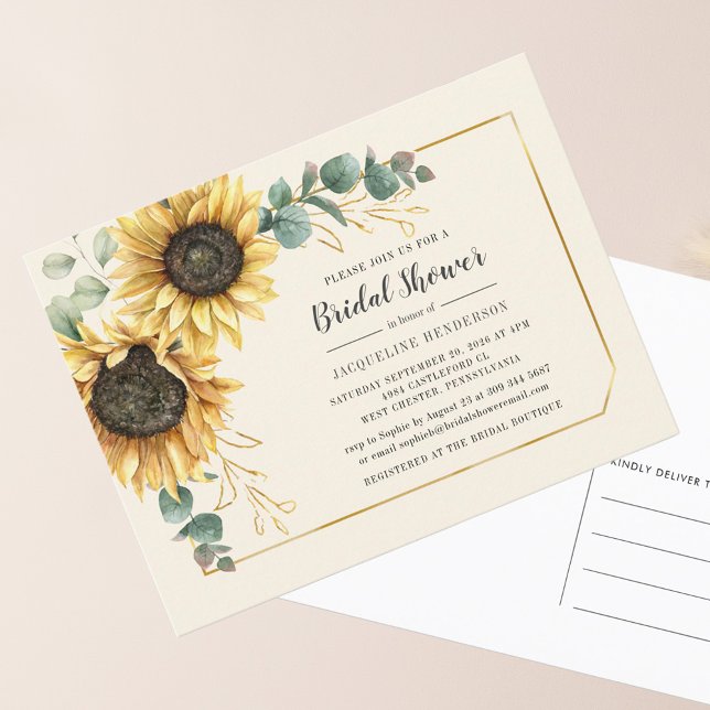 Möhippa för Eucalyptus Solros Blommigt Script Inbjudan Vykort (Floral Sunflower Eucalyptus Bridal Shower Invitation Postcard)