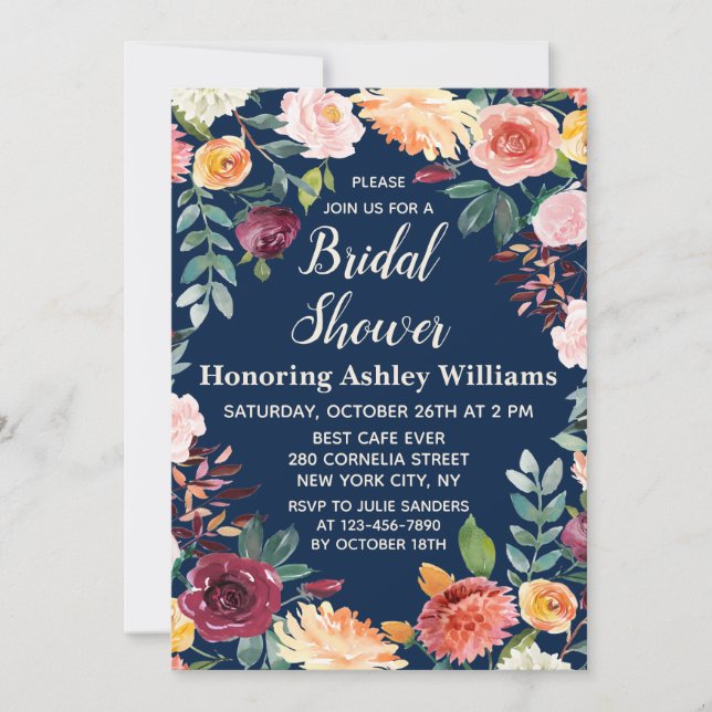 Möhippa för Fall-Blommigten i marinblå Boho Greene Inbjudningar (Framsida)