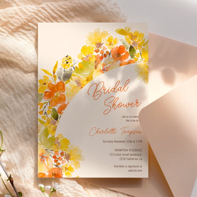 Möhippa för Fall boho gula blommor-skript Inbjudningar (Fall boho yellow flowers script bridal shower invitation)