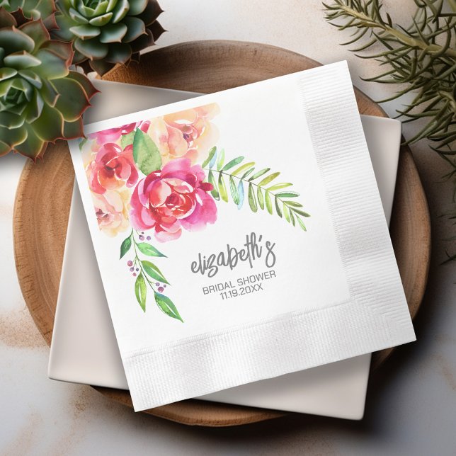 Möhippa för färgade vattenfärgsblommor pappersservett (Personalized Bridal Shower napkins - watercolor flower bouquet)