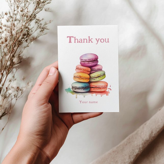 Möhippa för färglöst roligt, makaronvattenfärg tack kort (Colourful bright macarons wedding thank you card.)