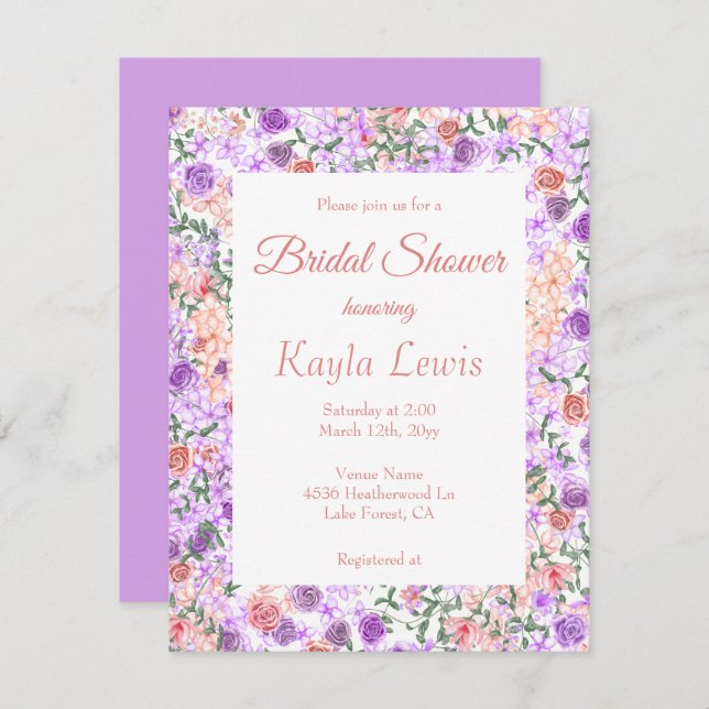 Möhippa för färgstark Lilac- och Peach-Blommigt Inbjudningar (Fram/baksida)
