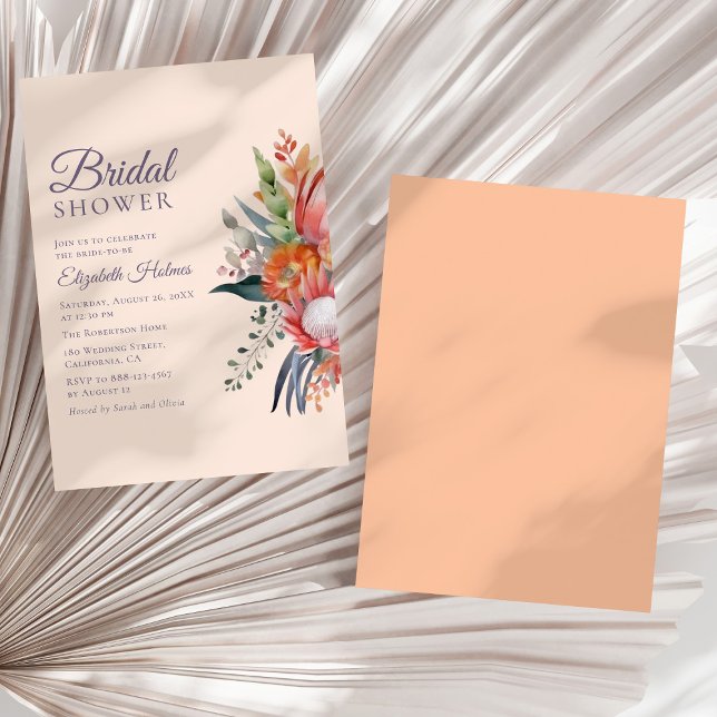 Möhippa för färgstarka tropiska blommor inbjudningar (Colorful Tropical Flowers Bridal Shower Invitation on a sunny white dry palm leaf.)