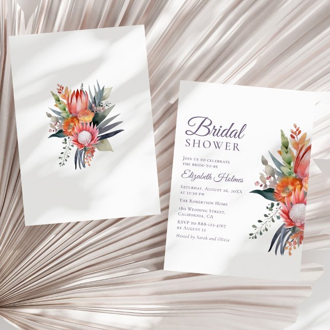 Möhippa för färgstarka tropiska blommor inbjudningar (Colorful Tropical Flowers Bridal Shower Invitation on a neutral dry palm leaf.)