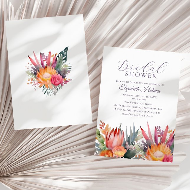 Möhippa för färgstarka tropiska blommor inbjudningar (Colorful Tropical Flowers Bridal Shower Invitation on a sunny neutral dry palm leaf.)