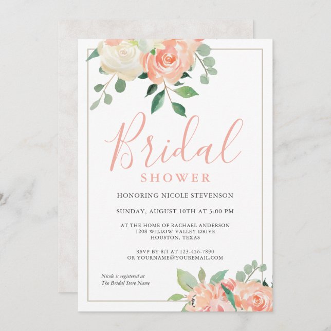 Möhippa för feminin persikofärgad vattenfärgad Blo Inbjudningar (Fram/baksida)