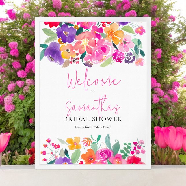 Möhippa för fetstilt blommigt av vattenfärg välkom poster (Bold pink floral watercolor bridal shower welcome poster)