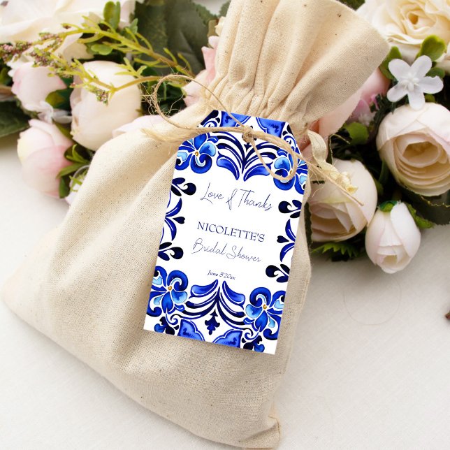 möhippa för fransk blå Medelhavsbricka Presentetikett (French Blue Mediterranean ornate tile Spanish Mexican bridal shower thank you favor Gift Tags)