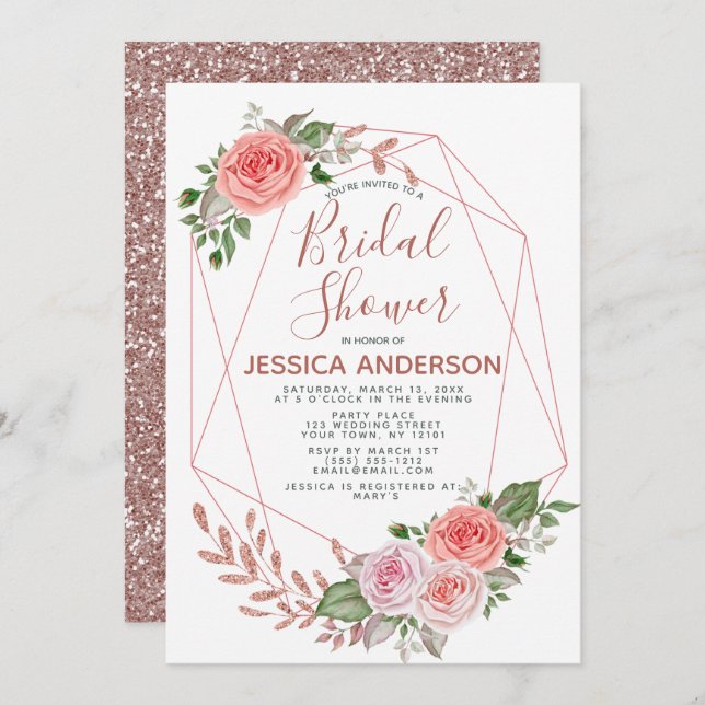 Möhippa för geometrisk Blommigt i ro Guld Inbjudningar (Fram/baksida)