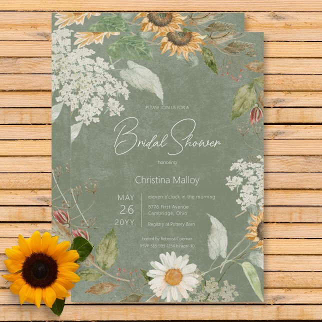 Möhippa för Grönt av Boho Summer Solros & Daisy Inbjudningar (Boho Summer Sunflower & Daisy Green Bridal Shower Invitation)