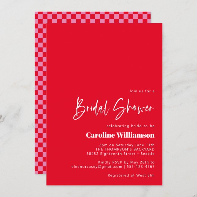 Möhippa för Groovy Red Rosa Retro Checkerboard Inbjudningar (Fram/baksida)