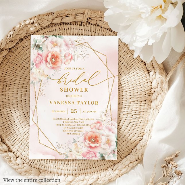 Möhippa för  Guld-Ram-Ro Inbjudningar (Lovely Boho Blush Gold Frame Roses Bridal Shower Invitation )