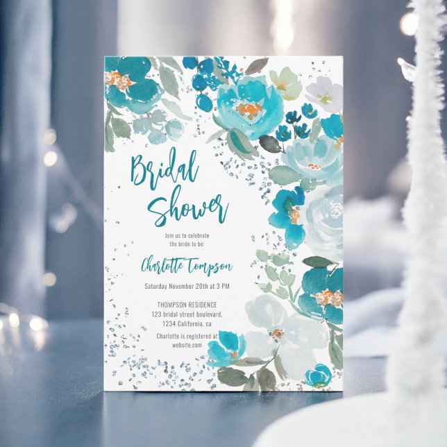 Möhippa för handmålad blå chic-Blommigt,  Inbjudningar (Hand Painted Blue chic Floral Winter bridal shower Invitation)