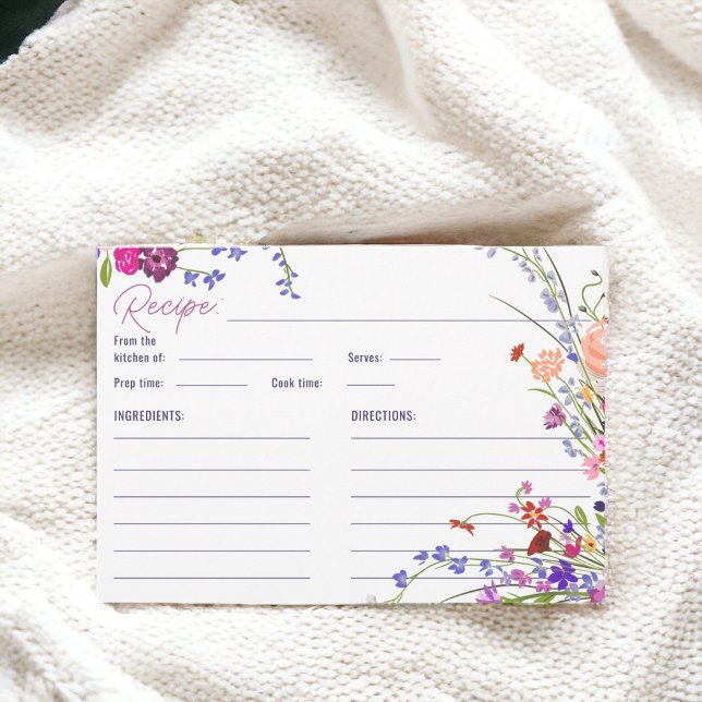 Möhippa för handmålad Blommigt, recept Tilläggskort (Hand Painted Floral Bridal Shower Recipe Enclosure Card)