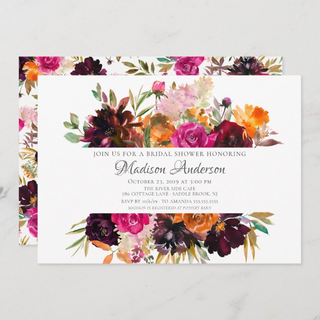 Möhippa för höstburgundy och Orange Blommigt Inbjudningar (Fram/baksida)