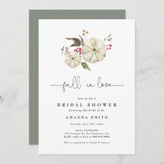 Möhippa för höstpumpa Blommigt Sage Grönt Inbjudningar (Fram/baksida)