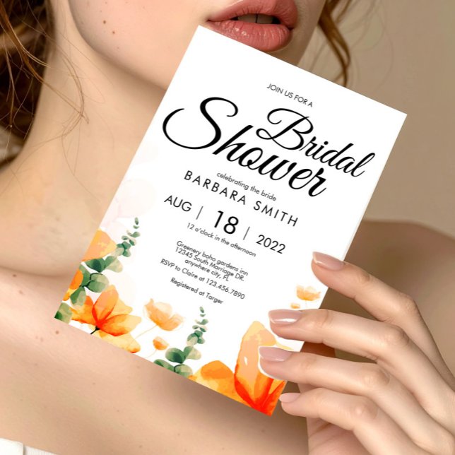 Möhippa för jokerblommans blommigt i Boho Elegant Vykort (Elegant Orange Floral Bridal Shower Invitation Postcard, Bridal Shower Floral)