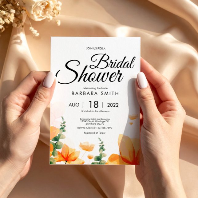 Möhippa för jokerblommans blommigt i Boho Elegant Vykort (Elegant Orange Floral Bridal Shower Invitation Postcard, Bridal Shower Floral)