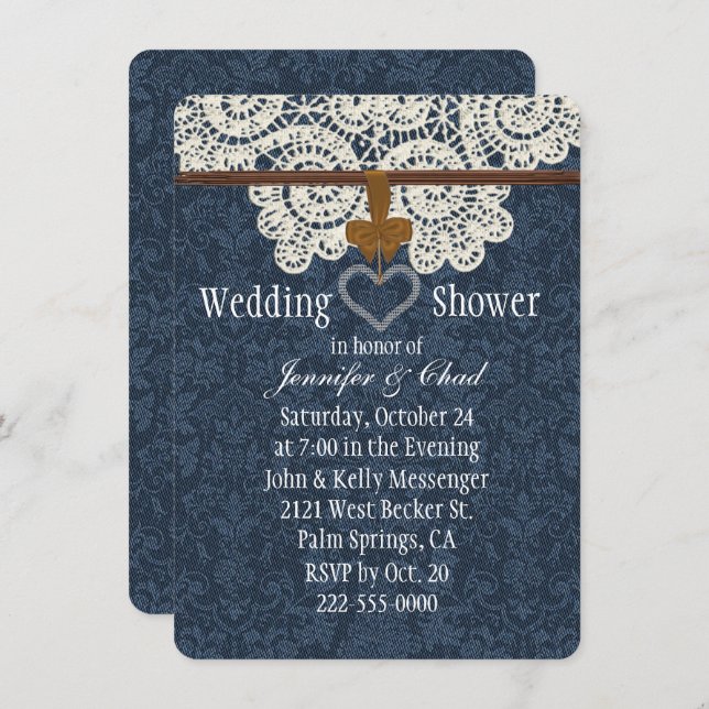 Möhippa för landdenim- & elfenbensnöre inbjudningar (Fram/baksida)