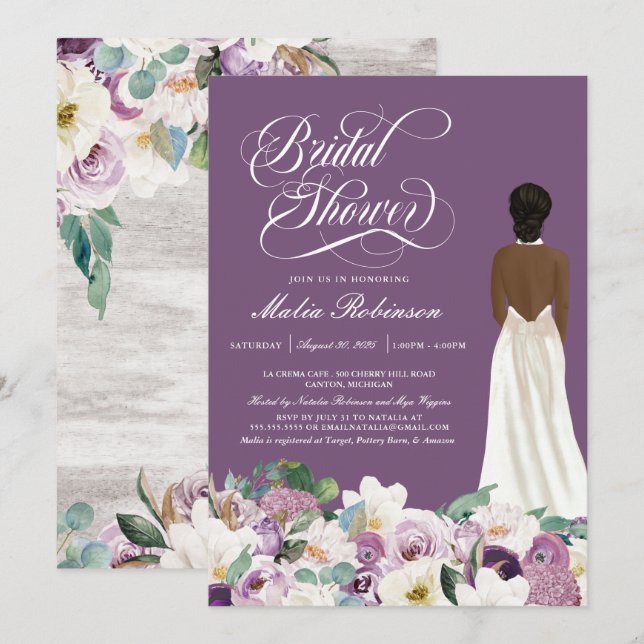 Möhippa för Lavender Lila Blommigt Elegant Gown  Inbjudningar (Fram/baksida)
