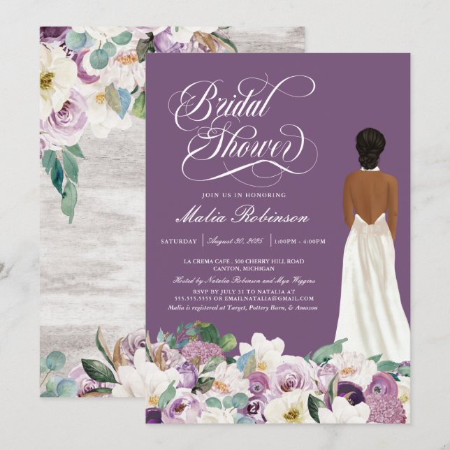 Möhippa för Lavender Lila Blommigt Elegant Gown Inbjudningar (Fram/baksida)